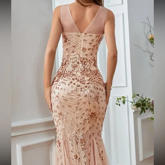Luxe champagne contrast mesh slit thigh party formal evening bridesmaids dress